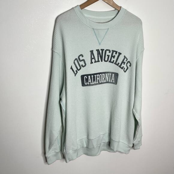 Aerie Womens Long Sleeve Waffle Knit Sweatshirt L Blue Green Graphic Loungewear - Picture 3 of 8